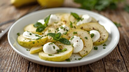Fresh zucchini salad with mozzarella and mint on a wooden table