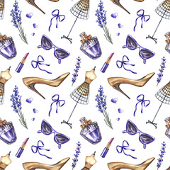Seamless pattern with women's accessories. Hand-drawn watercolor illustrations. Perfume bottle, lavender flowers, fashionable glasses, lipstick, women's shoes, and a mannequin. Beauty and fashion.