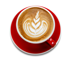 Top view of a beautiful latte art in a red coffee cup on white background. Ideal for cafe branding, coffee shop menu design, social media posts, and food blogs.