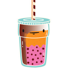 Cute Cartoon Boba Tea Cup with Pink Pearls and Orange and Brown Layers and a Striped Straw on a Transparent Background