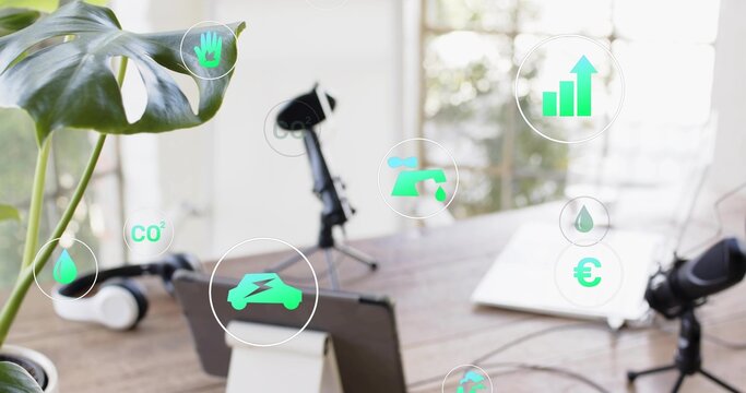 Featuring black mic centered on home office desk by window, showing podcast setup, plant, eco icons