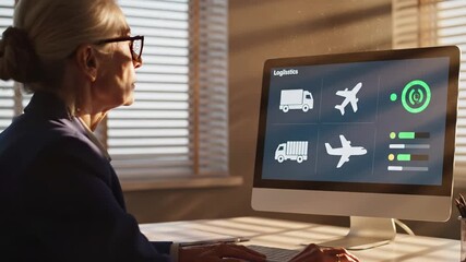 Professional businesswoman monitors logistics dashboard on desktop computer with transportation icons including trucks and airplanes. Supply chain management software interface tracks freight delivery - Powered by Adobe