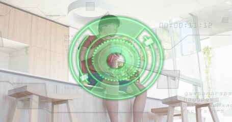 Sitting Asian man wearing red tee and shorts on wooden counter, HUD overlay showing timecode