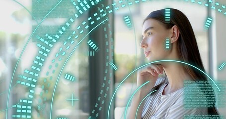 Gazing woman in striped top, stud earring, resting chin at office-window with teal HUD, copy space