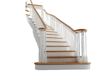 Elegant, white and wood staircase ascends diagonally