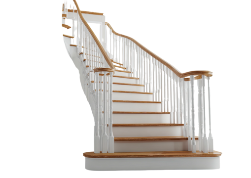 Elegant, white and wood staircase ascends diagonally