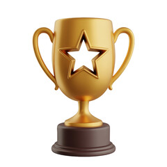 Golden trophy cup with star cutout 3D render on white background symbol of victory and success