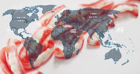 Displaying stylized world map overlay on white surface, showing twisted red-white candies, hex grid