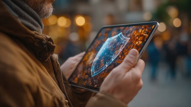 Man holds tablet displaying digital shield icon signifying cybersecurity and data protection in a modern urban setting