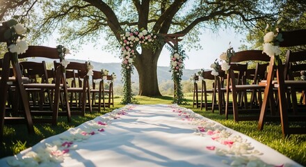 A picturesque outdoor wedding ceremony setting with a white aisle runner and floral arch under a large tree.