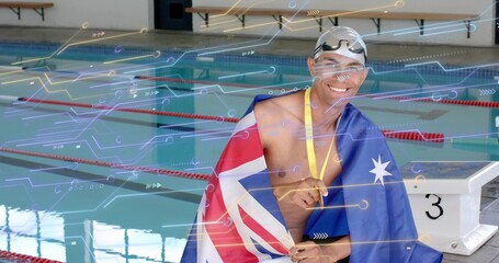 Swimmer sitting at pool beside block 3, wearing cap, gold medal, draping national flag, copy space