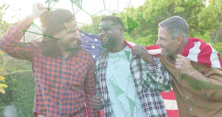 Walking three men draping American flag over backs in garden, wearing plaid shirts, green overlay