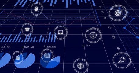 Showing digital analytics dashboard centered on virtual grid, with HUD icons, pie charts, graphs