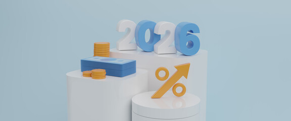 2026 new year with increasing arrow and stack of money as financial saving rising concept on white podium, increasing of interest rates, business profit growth concept, 3d rendering illustration.