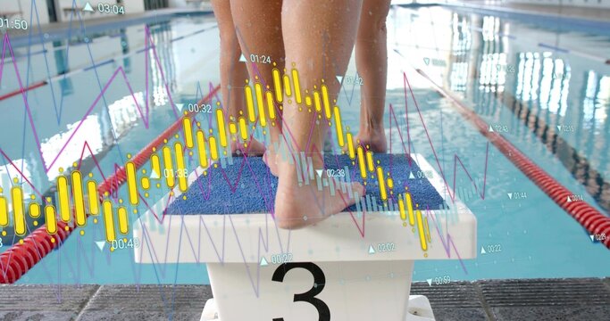 Balancing swimmer's feet in swimwear on starting block 3, with red ropes, grates, analytics overlay
