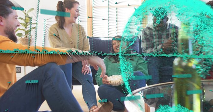 Laughing group of five friends chatting in living room, with popcorn bowl and teal overlay - Powered by Adobe