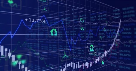 Displaying financial chart with rising candlestick cluster on trading dashboard, with sector icons