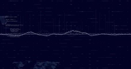 Displaying horizontal dotted waveform pulsing across dark navy data dashboard, with code block map
