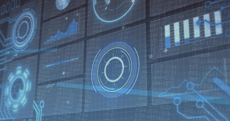 Displaying central circular HUD element at control center display, showing charts and code matrix