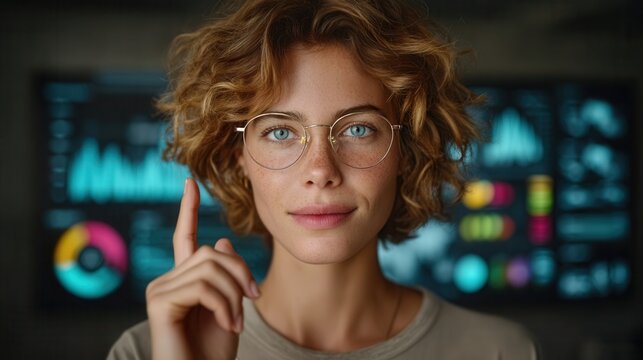 Confident woman with glasses points to data analytics screen, inspiring innovation and smart decision-making for business growth.
