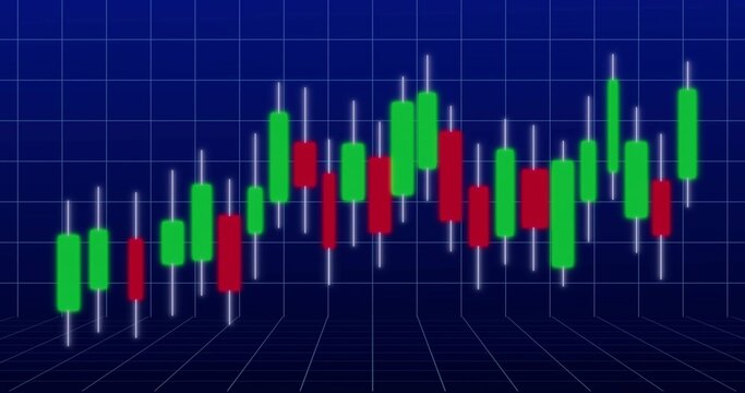 Displaying centered candlestick chart on deep blue grid, showing green red bars with glowing wicks