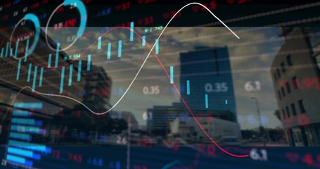 Showing transparent finance graphics overlay over downtown road, with candles, trend lines, tickers