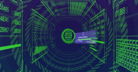 Fototapeta premium Glowing central data node pulsing in virtual 3D tunnel, displaying holographic panels and numbers