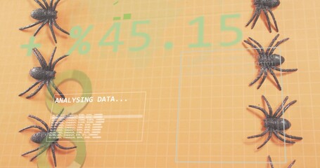 Dominating data overlay showing ANALYSING DATA panel on orange grid, with black plastic spiders