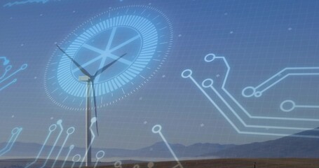 Standing utility-scale wind turbine rotating on arid plain with circular HUD overlay