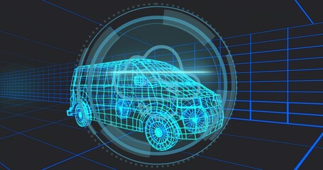 Displaying cyan wireframe passenger van model in dark virtual simulation, with HUD rings and grid