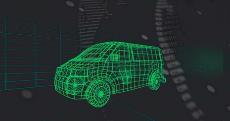 Rendering neon-green wireframe cargo van model hovering over floor grid, showing digit stream data
