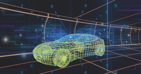 Fototapeta premium Rotating wireframe sedan floating inside virtual tunnel, showing numeric overlays and glowing nodes
