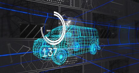 Displaying cyan wireframe van model hovering in virtual design workspace, with circular gauge 137