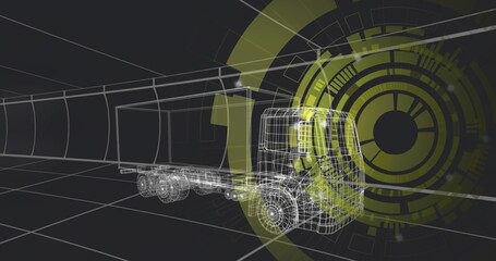 Fototapeta premium Rotating wireframe semi-truck showing wheel and chassis topology over grid floor, HUD overlays
