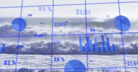 Breaking central wave with overlaid blue dashboard moving toward shore, with foamy surf