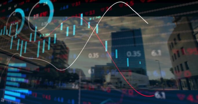 Showing transparent finance graphics overlay over downtown road, with candles, trend lines, tickers