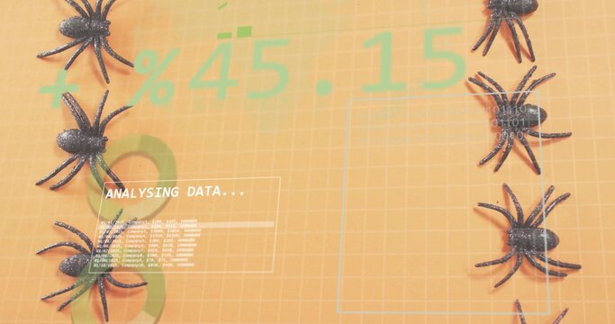 Dominating data overlay showing ANALYSING DATA panel on orange grid, with black plastic spiders - Powered by Adobe