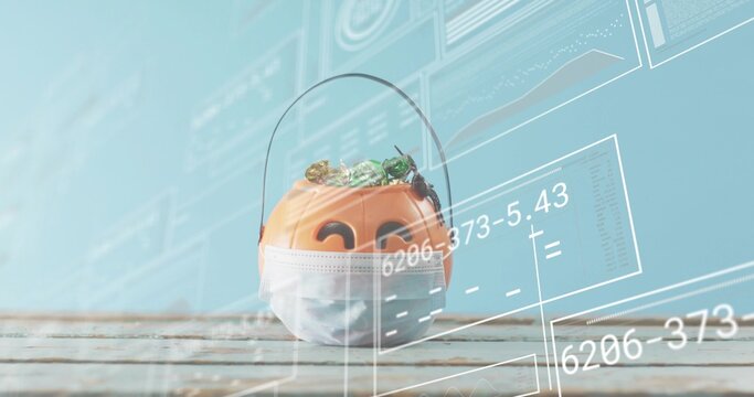 Sitting orange pumpkin bucket wearing surgical mask on plank, green and gold candies, HUD overlay