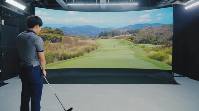 Person playing a golf simulator.