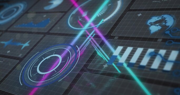 Displaying holographic HUD showing concentric rings, radial ticks on grid panel, neon beams, gauge
