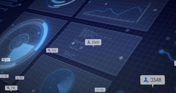 Displaying central translucent panel showing user-count 2560 on virtual dashboard, with radar gauge