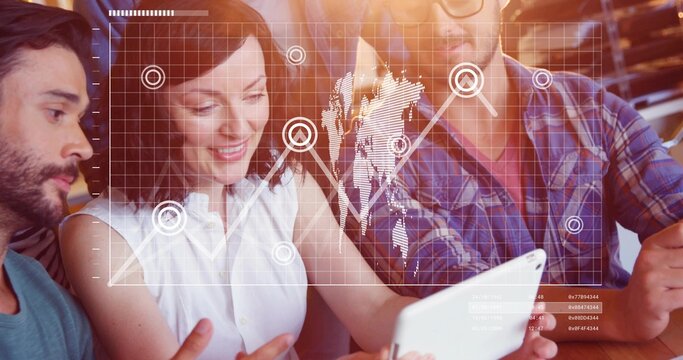 Leaning adult female wearing sleeveless blouse looking at tablet on wood table, with AR overlay