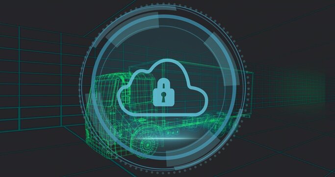 Fototapeta Displaying central cloud lock inside circular HUD in 3D grid, showing neon green wireframe truck