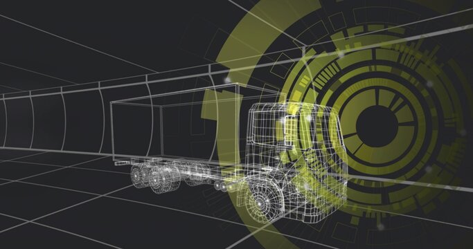 Fototapeta Rotating wireframe semi-truck showing wheel and chassis topology over grid floor, HUD overlays