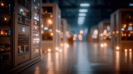Stunning server room with glowing lights and modern technology, evoking data center innovation and digital infrastructure.