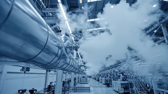 Industrial manufacturing facility interior with large metal pipes, steam ventilation systems, and production equipment. Modern factory plant architecture for heavy industry operations, automation
