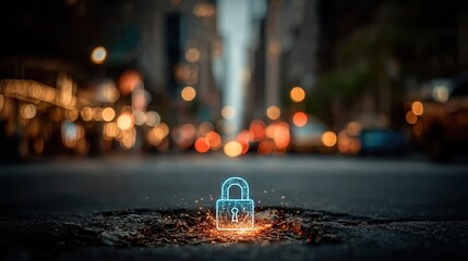 Digital padlock emerges from cracked asphalt amidst vibrant city lights, symbolizing robust cybersecurity and data protection solutions.