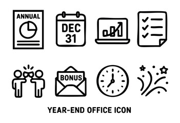 Illustration showcases various elements related to year-end office activities, including planning, celebrations, and final assessments as the year concludes on December 31.