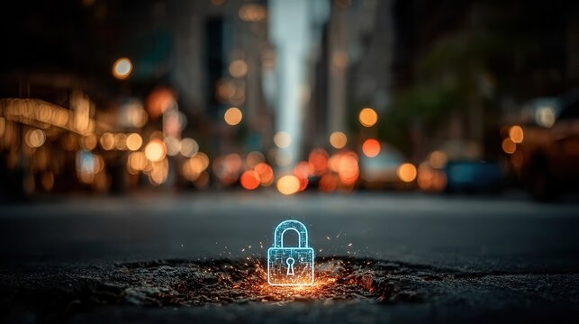 Digital padlock emerges from cracked asphalt amidst vibrant city lights, symbolizing robust cybersecurity and data protection solutions.