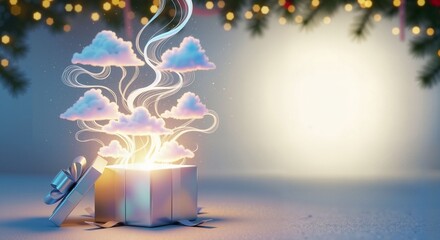 Gift box releasing fluffy clouds, magical atmosphere, festive setting, Christmas celebration, copy space